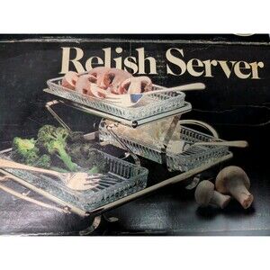 Vintage 1979 Leonard Silverplated Relish Server Crystal Trays Forks Set Crystal